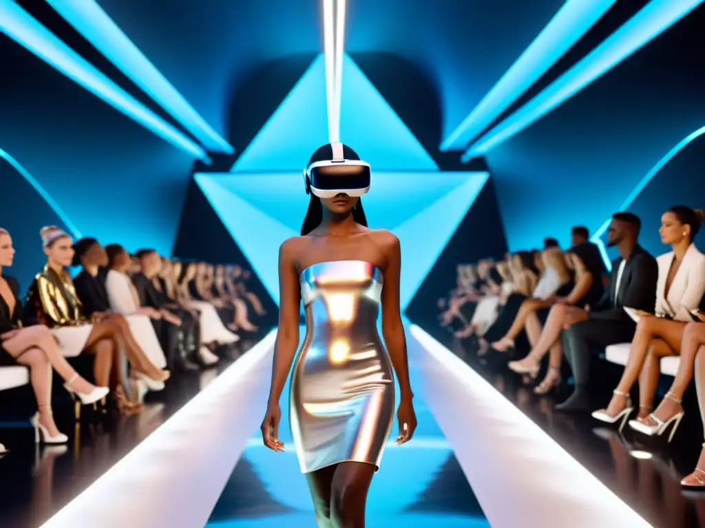 Desfile de moda en realidad virtual con modelos holográficos y diseños innovadores en una atmósfera futurista y vanguardista