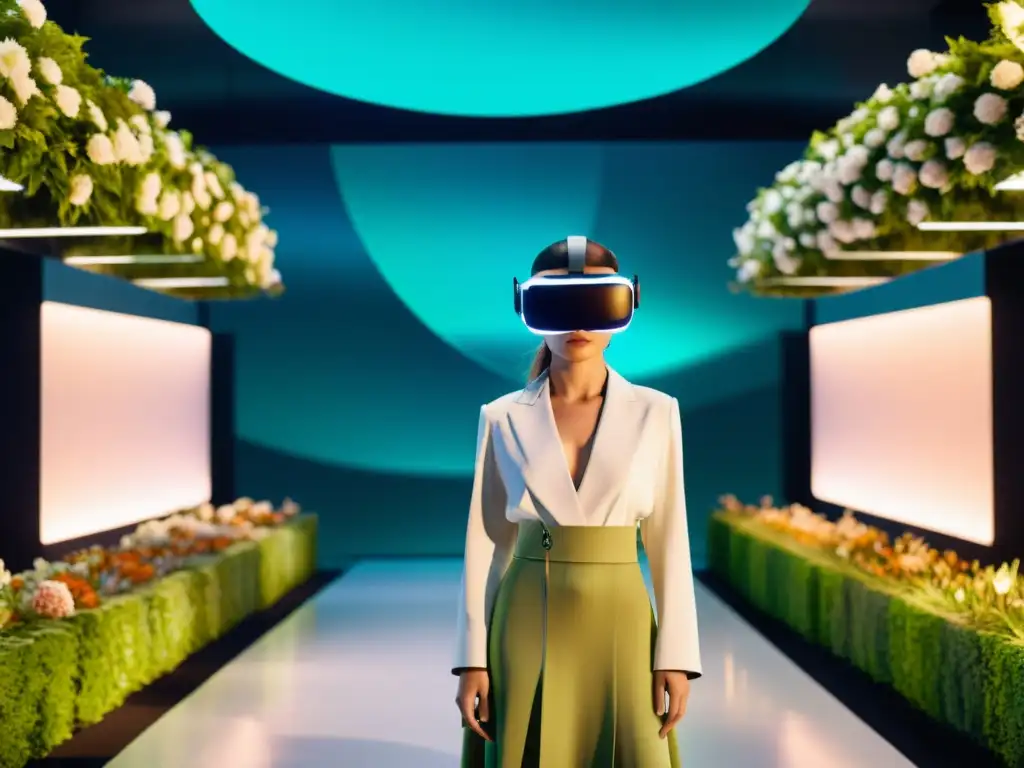 Desfile de moda en realidad virtual con diseños sostenibles y futuristas, en un entorno digital de naturaleza