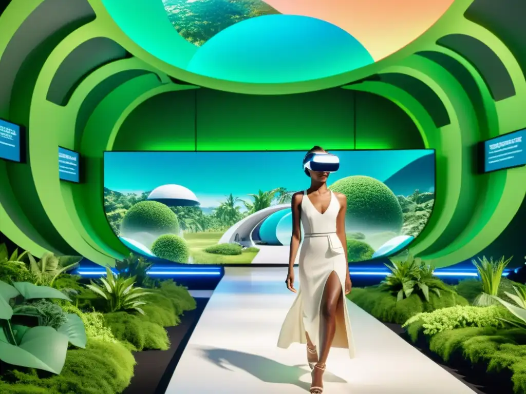 Desfile de moda sostenible con modelos holográficos, tecnología de realidad virtual y diseño ecoamigable, en un entorno futurista y verde