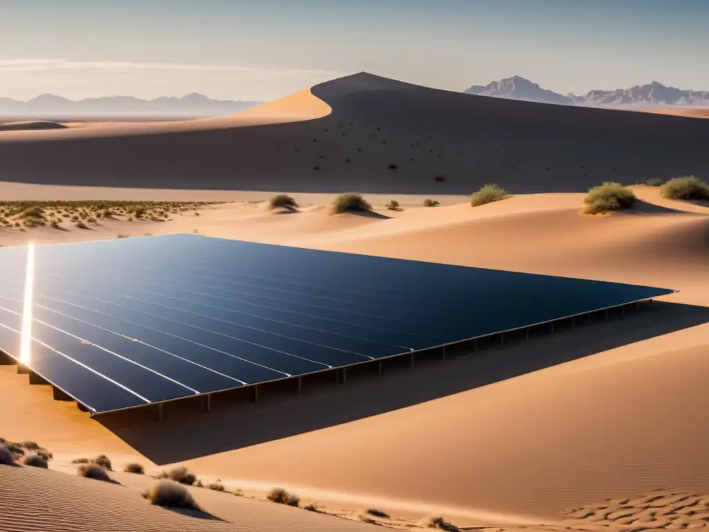 Desierto amplio con paneles solares futuristas, proyectando sombras geométricas