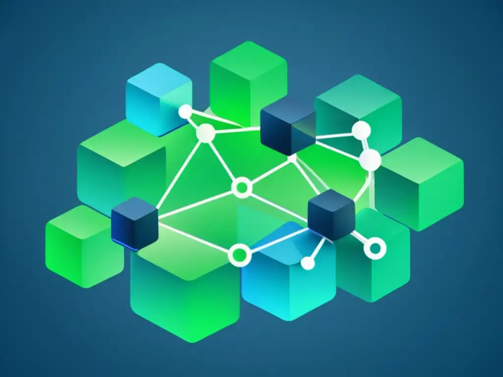 Un deslumbrante enredo de nodos y bloques de datos en tonos azules y verdes, transmitiendo transparencia y seguridad