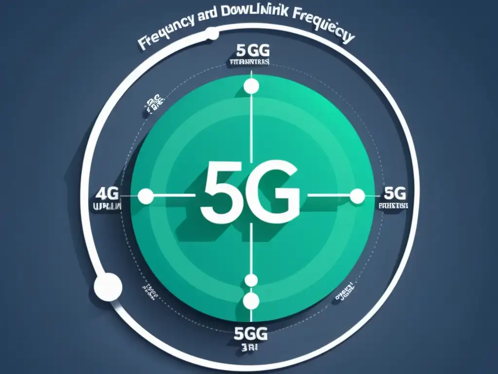 Ilustración detallada de un diagrama de red 5G mostrando la separación de frecuencias de enlace ascendente y descendente en el modo FDD