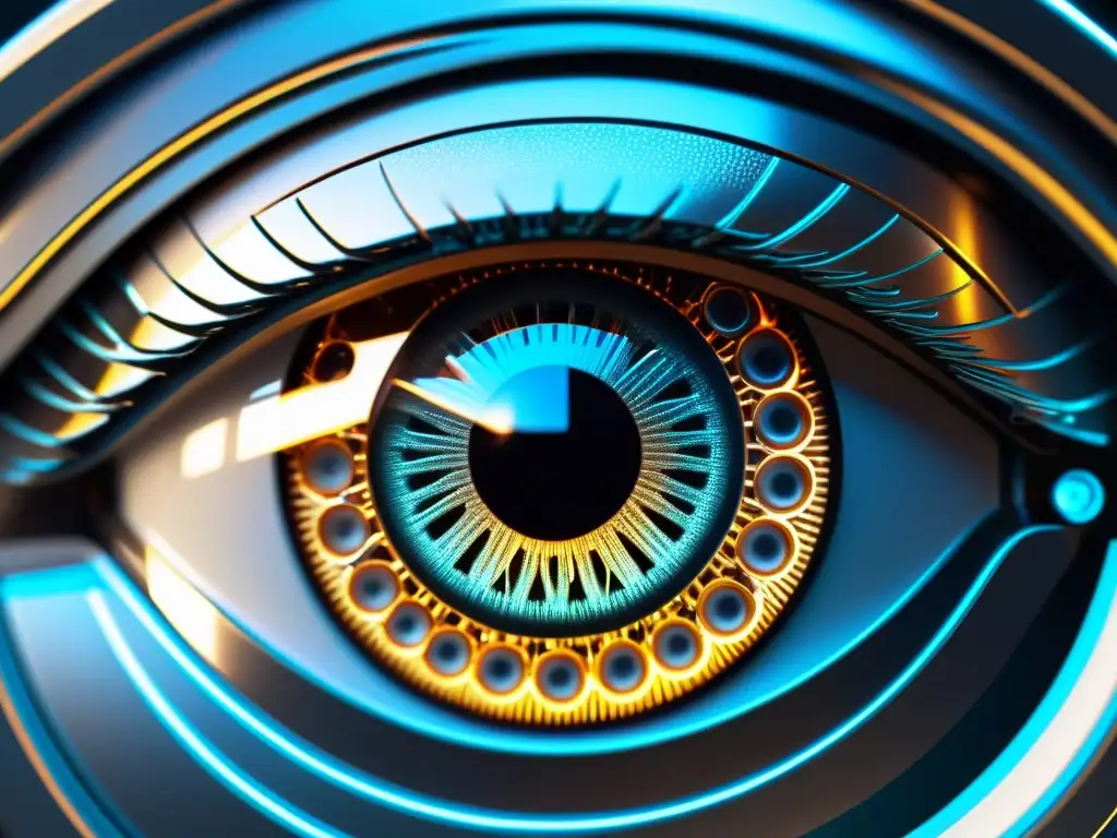 Ojo robótico de alta tecnología: visión futurista Detallada imagen de un ojo robótico de alta tecnología, con circuitos intrincados y un sensor brillante en el centro