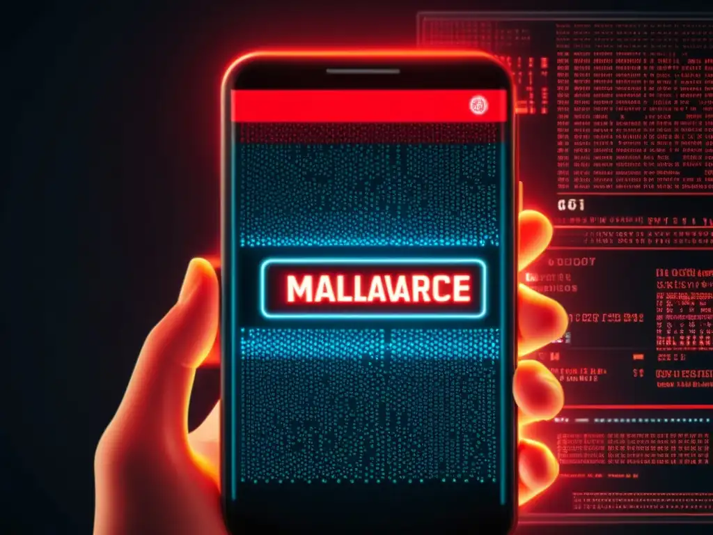 Detallada y ominosa imagen de líneas de código y malware en pantalla de smartphone, alertando sobre la amenaza del malware móvil