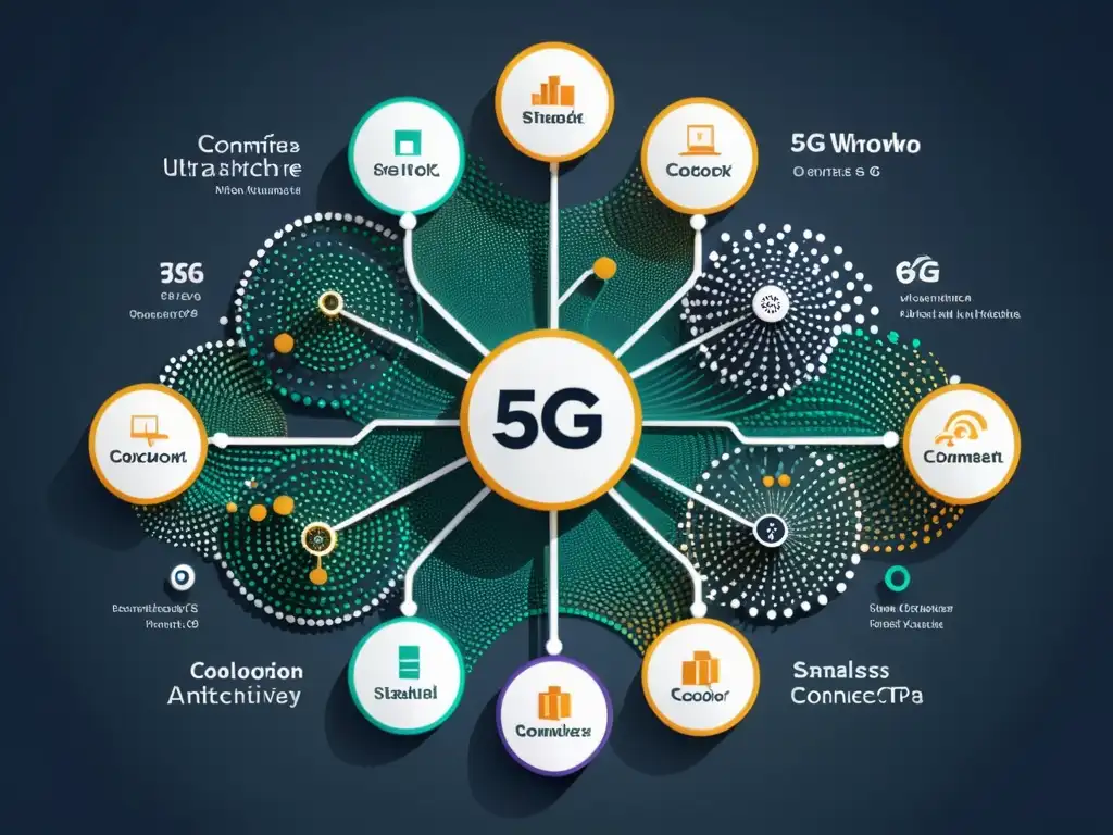 Detallado diagrama 8k de arquitectura de redes 5G tecnológico, con nodos interconectados y flujo de datos de alta velocidad en tonos de azul y plata