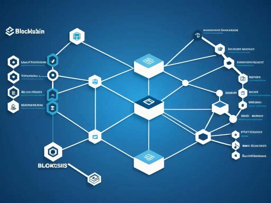 Detallado diagrama de red blockchain en tonos azules y blancos, transmitiendo complejidad e interconexión