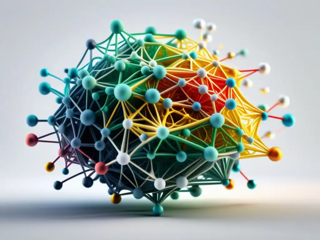 Detallado diagrama de red neuronal en 8k, muestra nodos interconectados y capas con colores diversos representando tipos de procesamiento de datos