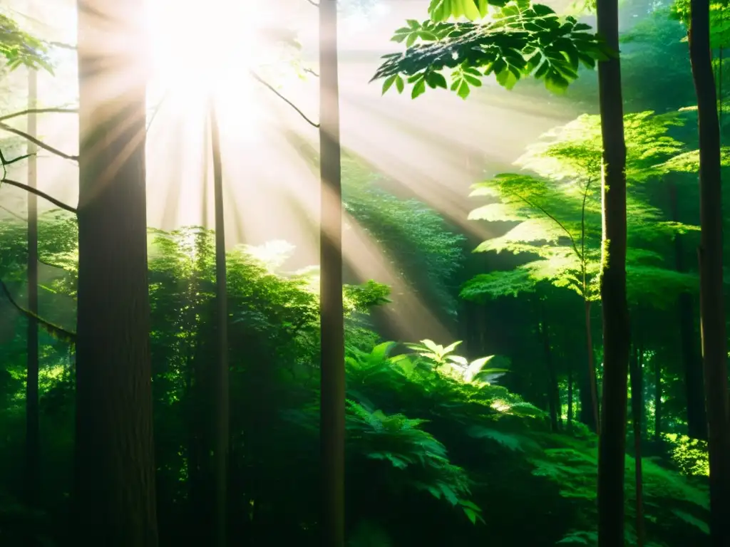 Detalle asombroso de un exuberante bosque verde, con luz solar filtrándose a través del dosel