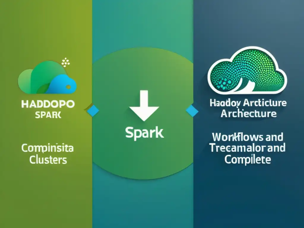 Detalle en 8k de la comparativa Hadoop Spark procesamiento datos masivos, mostrando arquitecturas y flujo de datos en tonos azules y verdes