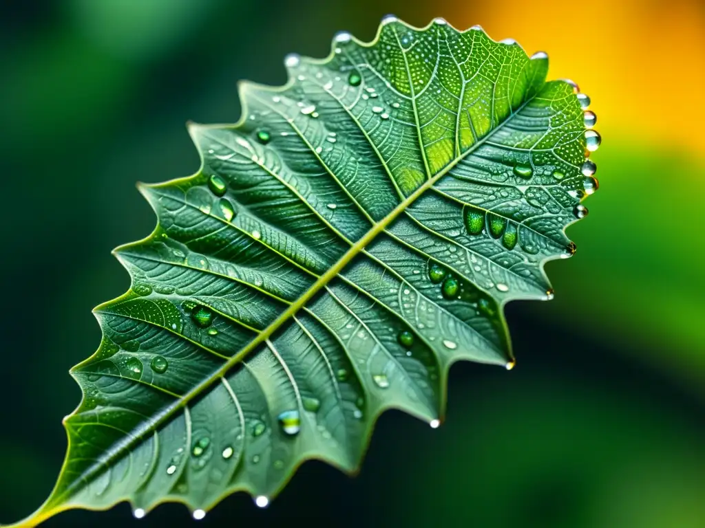 Detalle de una hoja con patrones intrincados y tonos verdes vibrantes, con gotas de agua brillando, sobre un fondo borroso de visualización de algoritmo de IA futurista