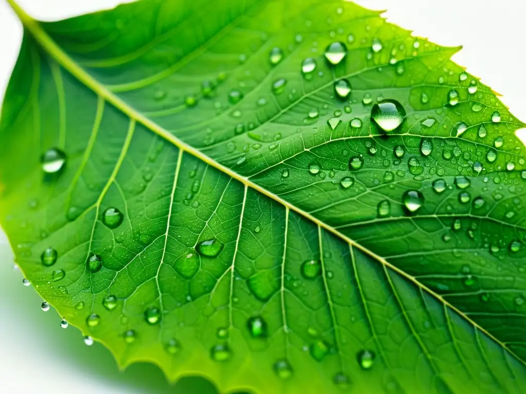 Detalle de una hoja verde con gotas de agua, resaltando la belleza natural y sostenible