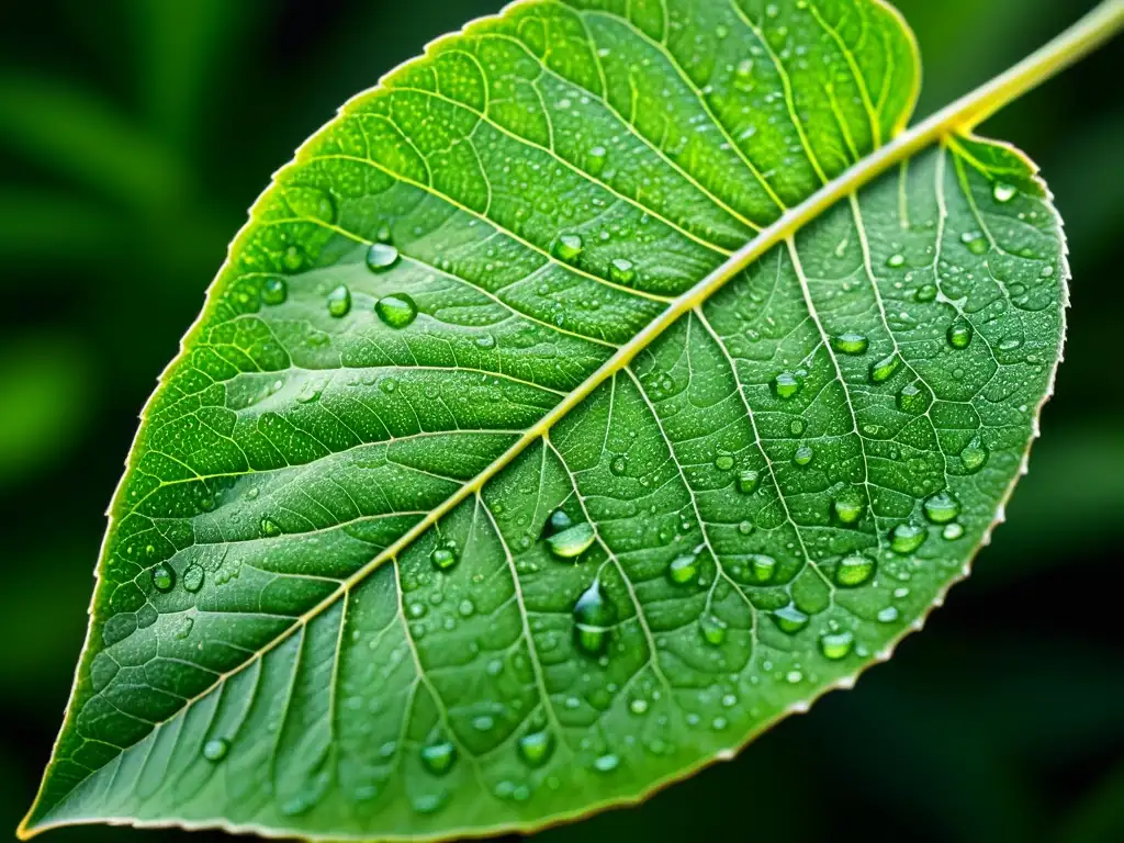 Detalle de una hoja verde vibrante con gotas de agua, resaltando la belleza y complejidad de la biología vegetal a nivel nanométrico