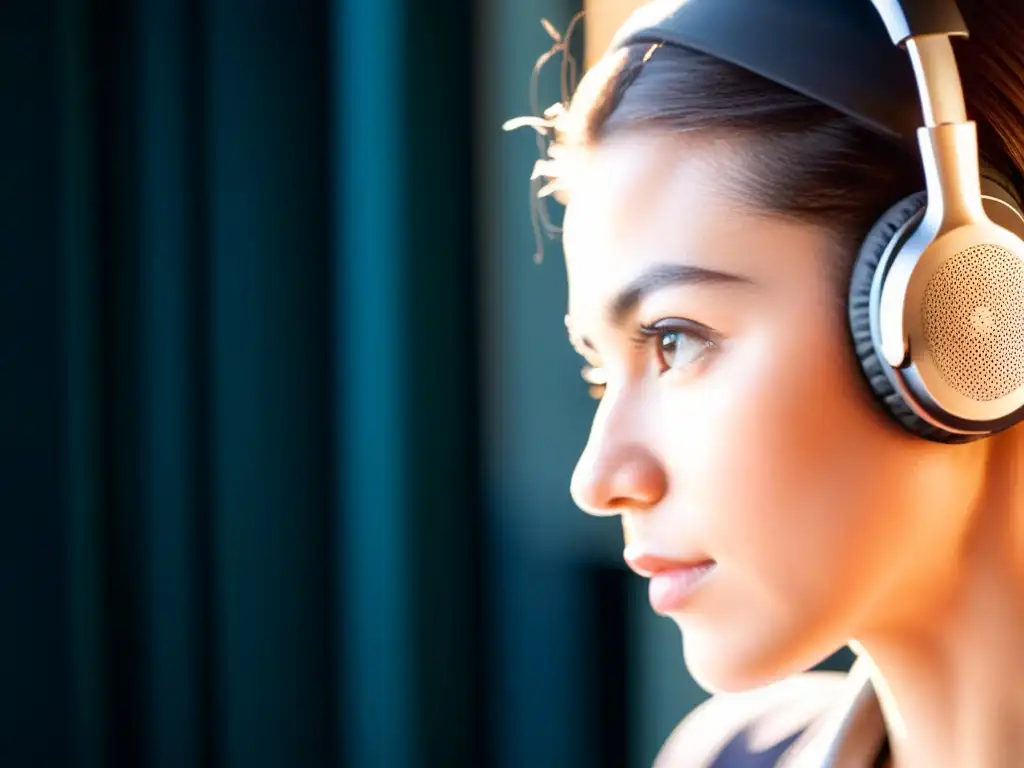 Inmersión sonora: Detalle intrincado de auriculares Un detalle impactante de una persona concentrada usando auriculares, mostrando la textura intrincada de los materiales metálicos y de tela