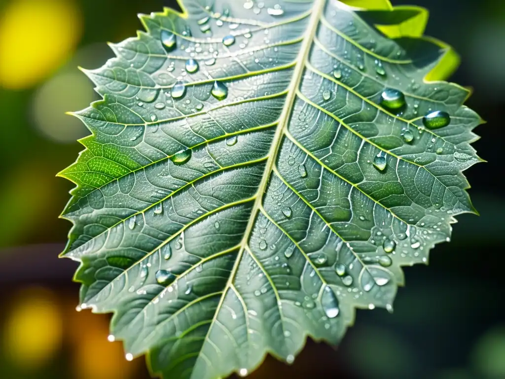 Detalle impresionante de una hoja verde vibrante con venas delicadas y gotas de agua