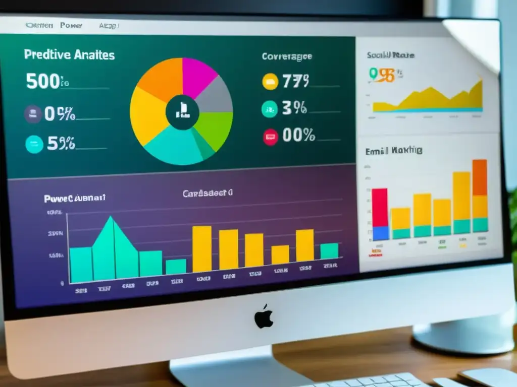 Detalle de monitor con analítica predictiva en email marketing: gráficos coloridos y métricas en tiempo real