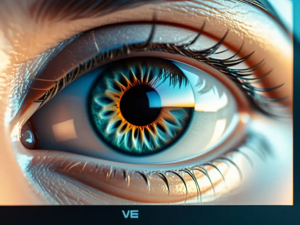 Renderización 3D futurista de un ojo humano en monitor de computadora Detalle de ojo humano en render 3D futurista en monitor de computadora