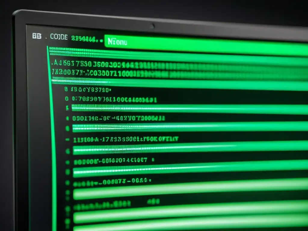 Detalle de pantalla de código informático en tonos verdes y negros, con comentarios ocasionales