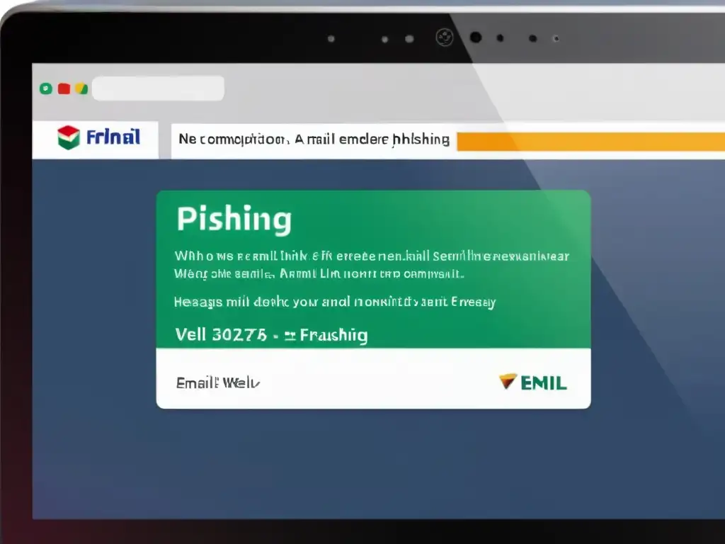 Detalle de pantalla de computadora con email de phishing convincente, transmitiendo peligro y sofisticación