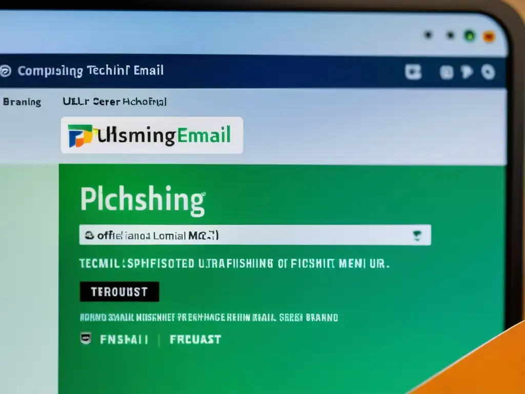 Detalle de pantalla de computadora con sofisticado email de phishing, resaltando técnicas avanzadas para evitar phishing