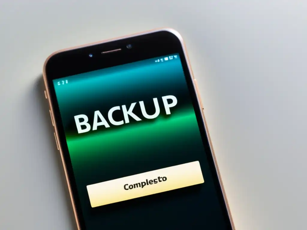 Detalle de pantalla de smartphone con 'Backup completo' al 100%, reflejo moderno y suave iluminación