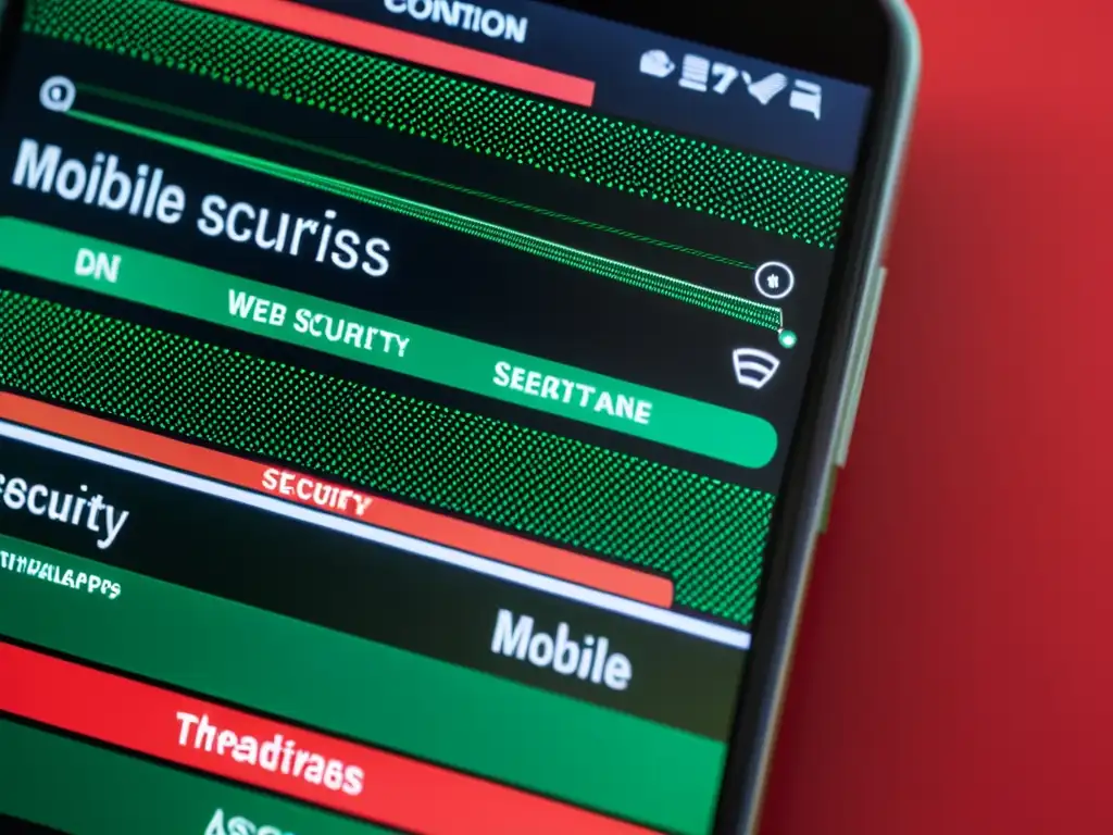 Detalle de pantalla de smartphone con red de líneas rojas y verdes, representando riesgos de seguridad en aplicaciones peligrosas para seguridad móvil