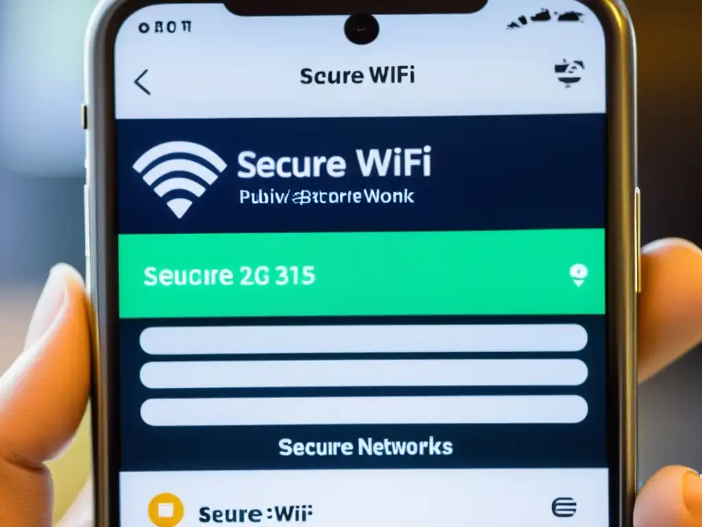 Detalle de pantalla de smartphone mostrando redes WiFi públicas, resaltando opciones seguras