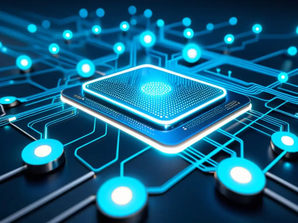 Detalle de red de dispositivos digitales interconectados con circuitos brillantes y líneas de datos, evocando tecnología avanzada y conectividad digital