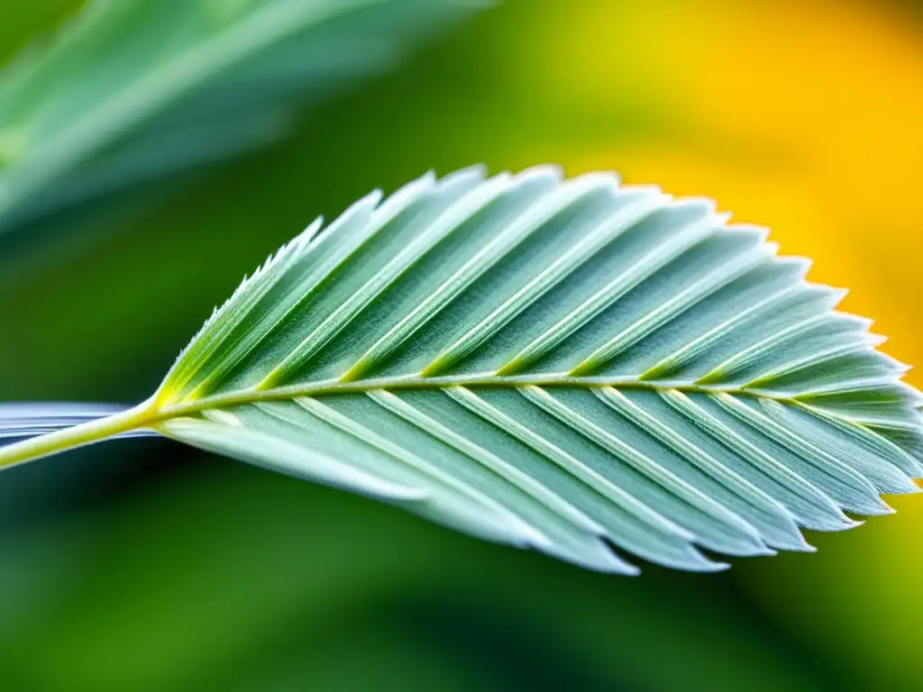 Detalle ultradetallado de una planta de trigo, resaltando las nanoestructuras en la superficie de la hoja