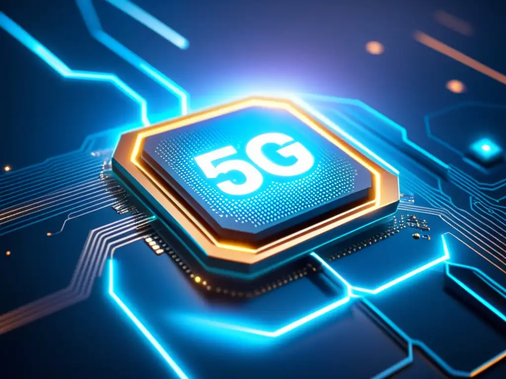 Detalle ultramoderno de un microchip 5G futurista iluminado en azul, con circuitos intrincados y flujos de datos