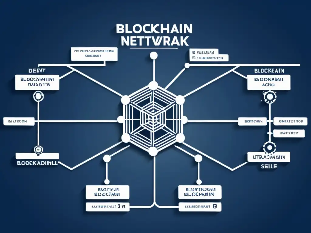 Detalle ultrapreciso de un diagrama de red blockchain con gobernanza y seguridad, tonos modernos en azul, blanco y plata