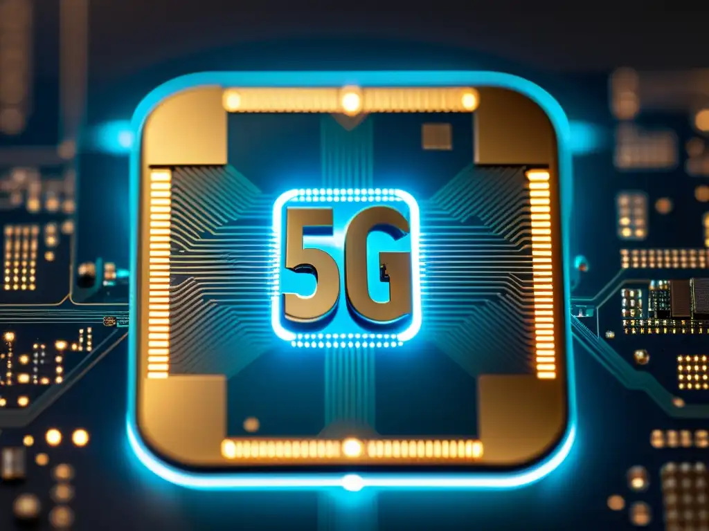 Detalle ultrapreciso de un microchip 5G, con componentes minúsculos y circuitos intrincados