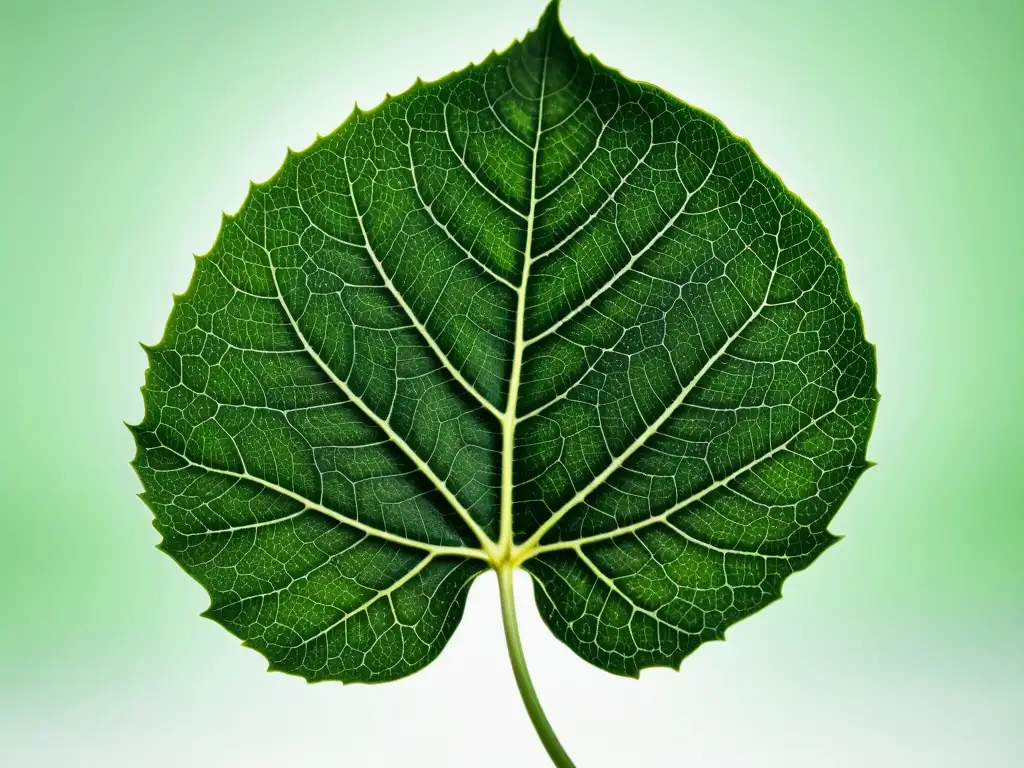 Detalle ultrarrealista de una hoja de laboratorio en verde vibrante sobre fondo blanco, mostrando patrones celulares y venas intrincadas