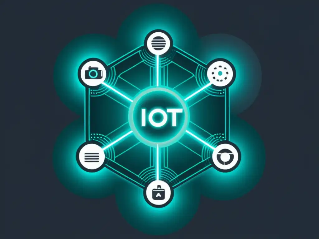 IoT devices interconectados en un patrón simétrico, emitiendo un brillo tenue, sobre fondo oscuro