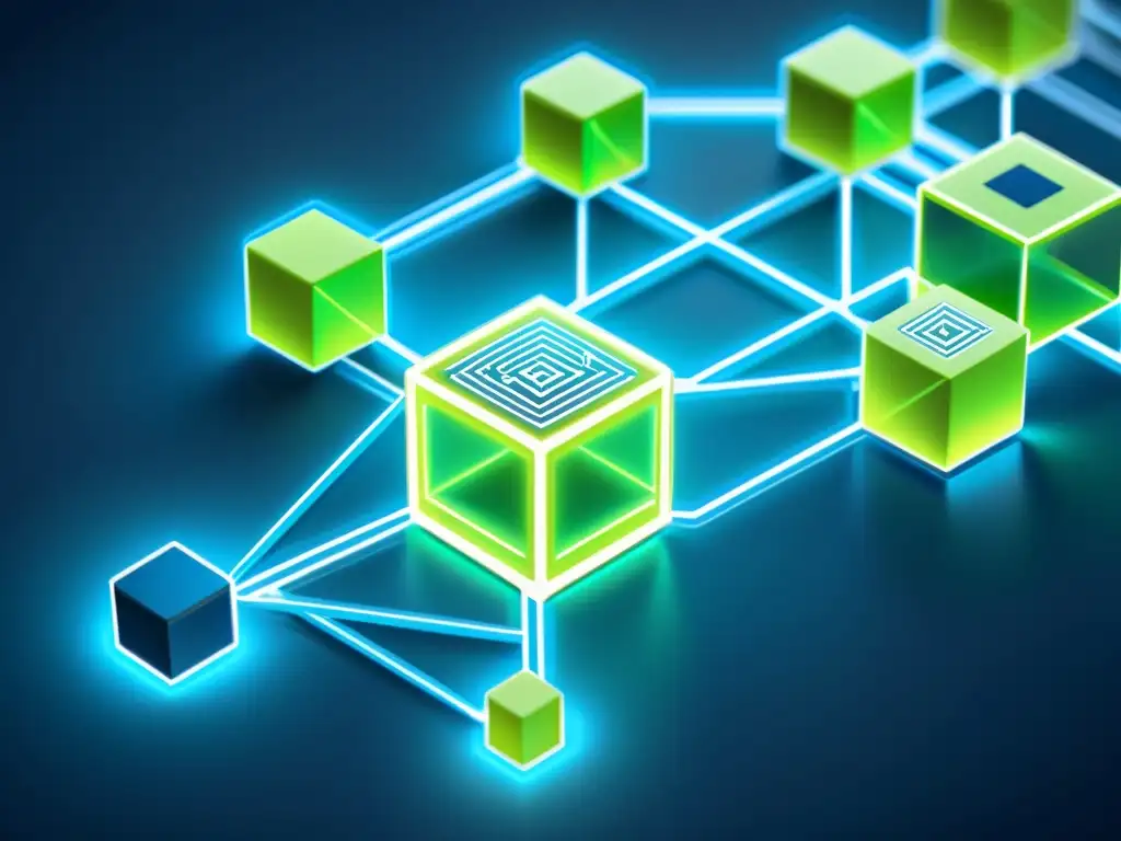 Un diagrama detallado de una red blockchain con bloques interconectados y datos de transacciones fluyendo entre ellos