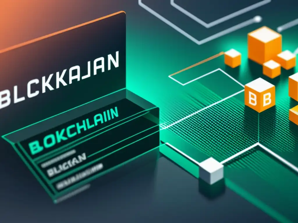 Un diagrama detallado de una red blockchain con bloques interconectados y datos de transacciones fluyendo entre ellos