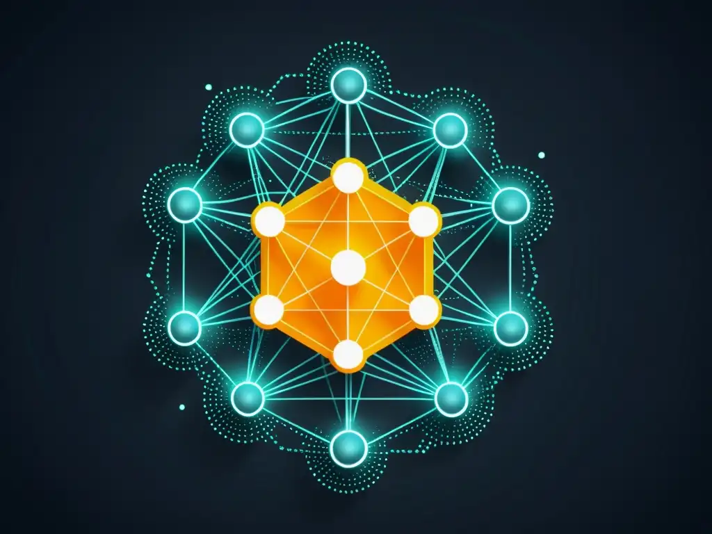 Diagrama detallado de red blockchain, con nodos brillantes en contraste con un fondo oscuro