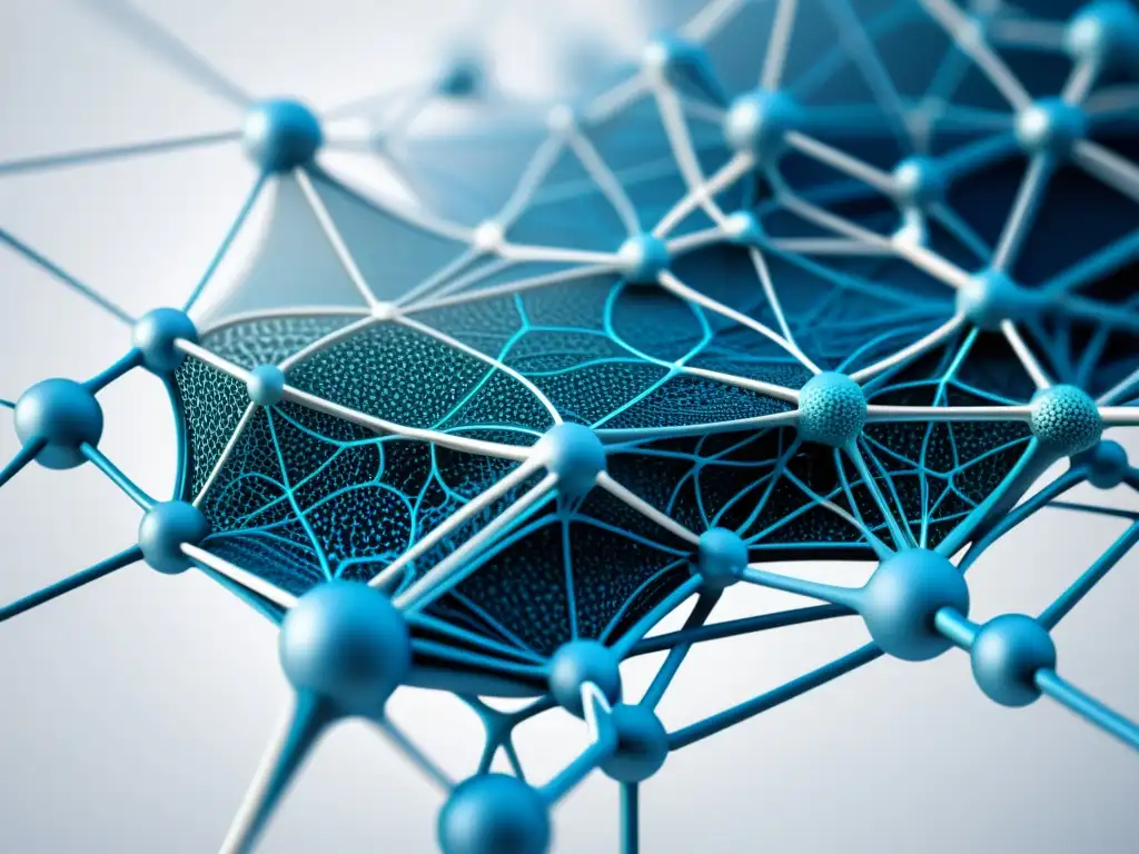 Diagrama detallado de una red neuronal en acción, con nodos intrincados y conexiones en tonos azules sobre fondo blanco