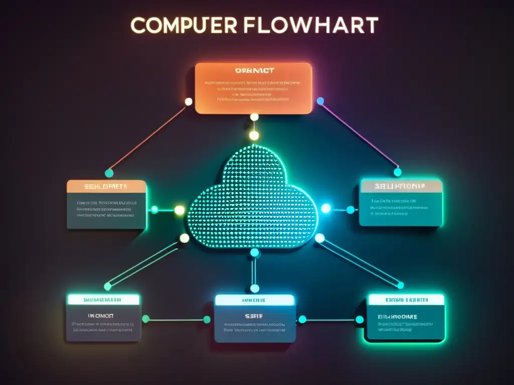 Un diagrama de flujo holográfico con líneas minimalistas, nodos brillantes y conexiones, evocando algoritmos de IA automejorados