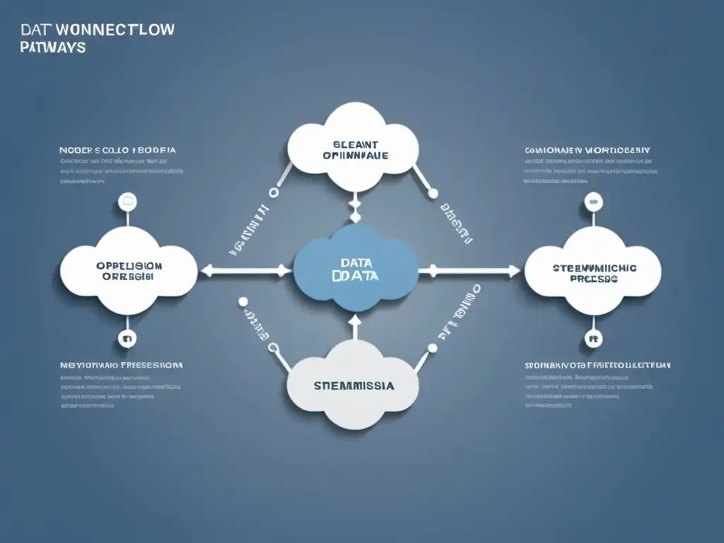 Diagrama de flujo minimalista de alta resolución para optimización flujos de trabajo Big Data, con nodos interconectados en diseño moderno y eficiente