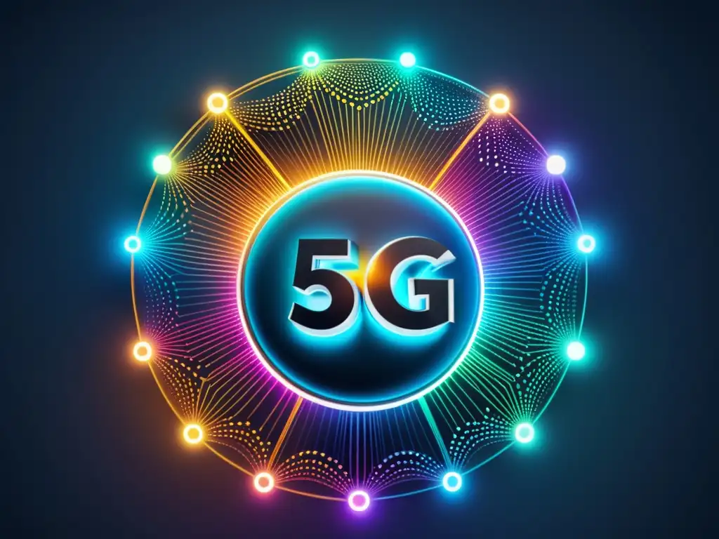 Diagrama futurista detallado del espectro 5G, con conexiones intrincadas y frecuencias, en un diseño minimalista y preciso