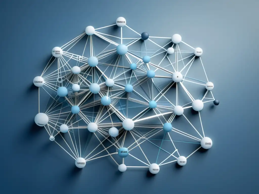 Diagrama minimalista de red mostrando conexiones de datos en tonos azules y grises, ilustrando técnicas de visualización de datos en redes complejas