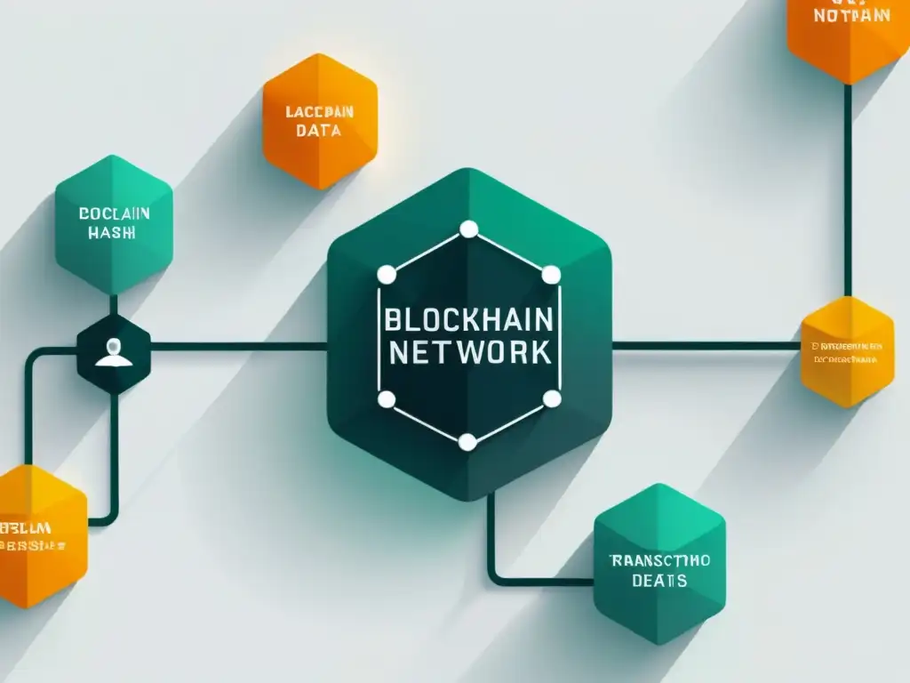 Diagrama de red blockchain: bloques interconectados con datos de transacción y hashes criptográficos en un diseño minimalista