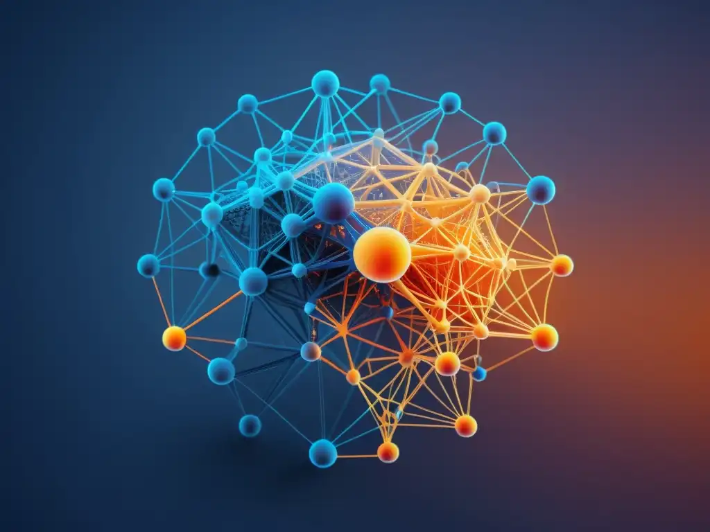 Diagrama de red neuronal en 8k, diseño minimalista con gradiente de azul a naranja