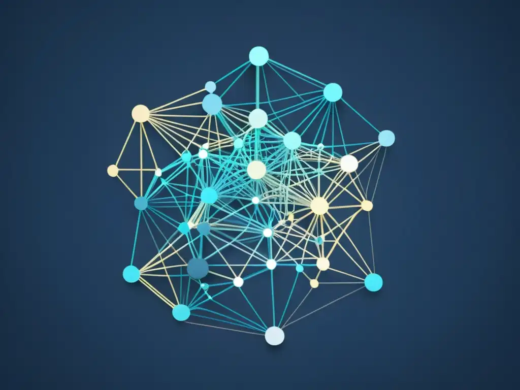 Un diagrama de red neuronal futurista y minimalista, con nodos interconectados y líneas de flujo de datos