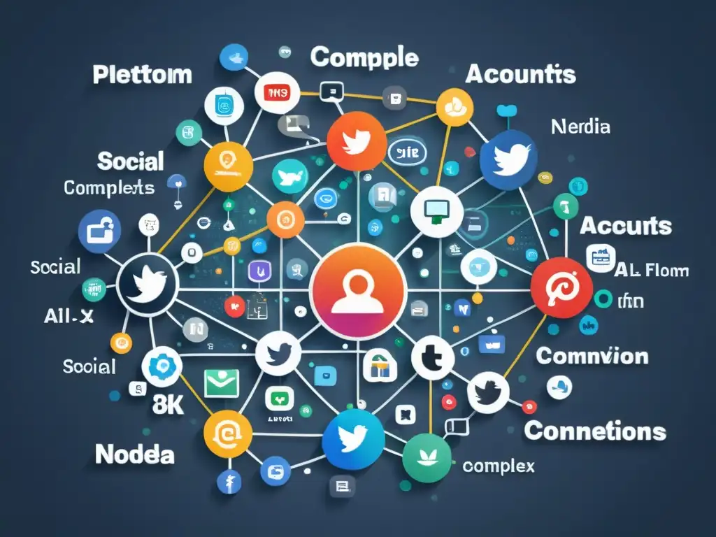 Diagrama de redes sociales con IA y análisis de datos, nodos con logos de plataformas y conexiones representando flujo de información