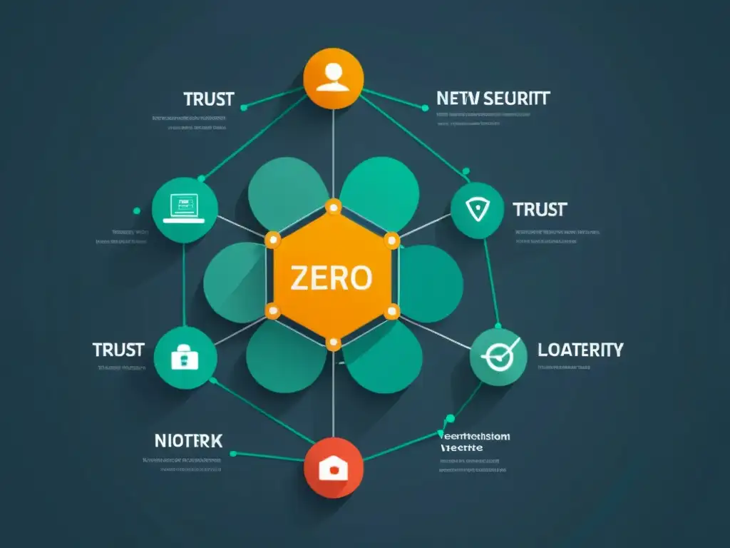 Un diagrama de seguridad de red, modelo de seguridad Zero Trust, con nodos interconectados y flujo de datos, diseño moderno y sofisticado