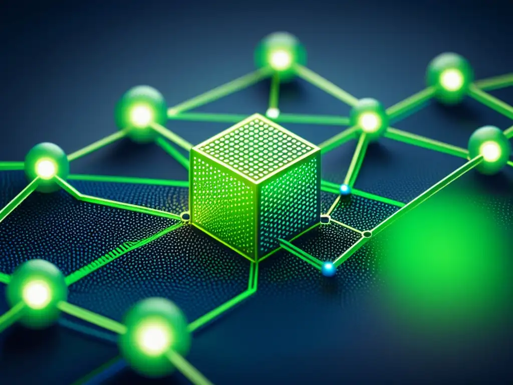 Un diagrama ultra detallado de una red blockchain con líneas minimalistas y formas geométricas