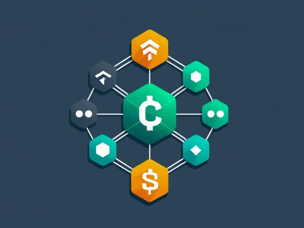 Diferencias entre ICO y IPO en Blockchain: Ilustración minimalista de una red blockchain con dos caminos divergentes, representando tokens digitales descentralizados e acciones tradicionales centralizadas