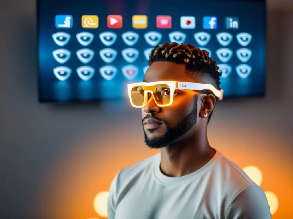 Influencer digital usando gafas de realidad aumentada, rodeado de iconos de redes sociales proyectados