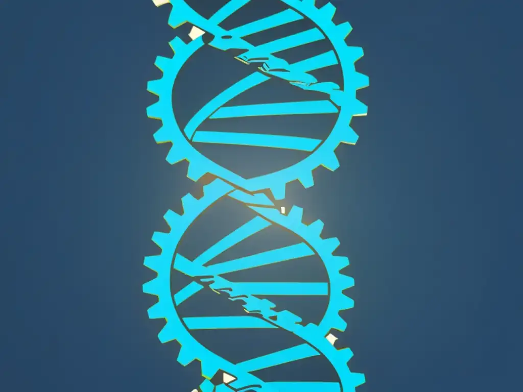 Una ilustración digital minimalista de una doble hélice de ADN compuesta por engranajes interconectados, simbolizando la integración de algoritmos genéticos en optimización heurística